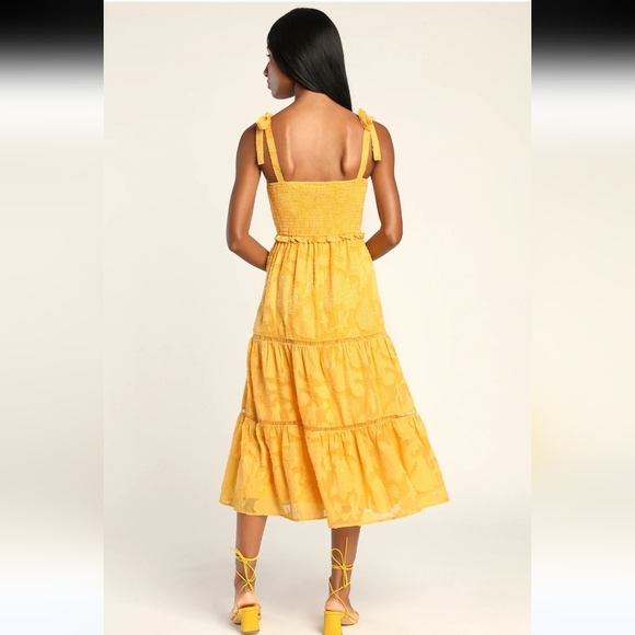 Lulus Float to Love Yellow Jacquard Smocked Tie- Strap Midi Dress Size M - Picture 2 of 11